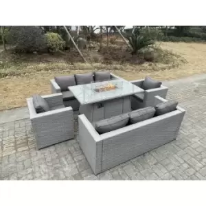 Fimous 8 Seater Outdoor Light Grey Rattan Lounge Complete Sofa Set with Gas Fire Pit and Heater Burner