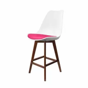 Fusion Living Soho Plastic Bar Stool With Dark Wood Legs White & Bright Pink