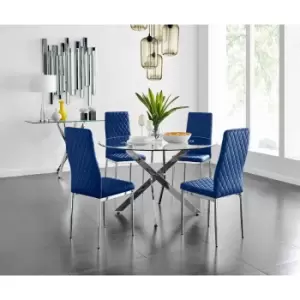 Furniture Box Novara 120Cm Round Dining Table and 4 Navy Velvet Milan Chairs