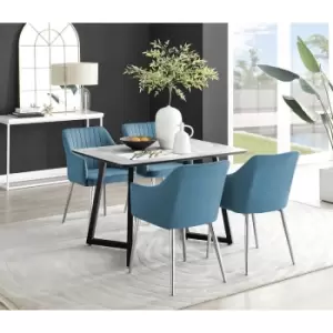 Furniturebox Carson White Marble Effect Recatngular 120cm Dining Table & 4 Blue Calla Silver Leg Velvet Chairs