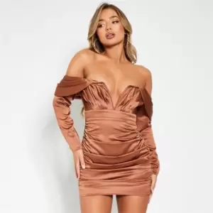 I Saw It First Satin Drape Shoulder Ruched Long Sleeve Bodycon Dress - Metallics