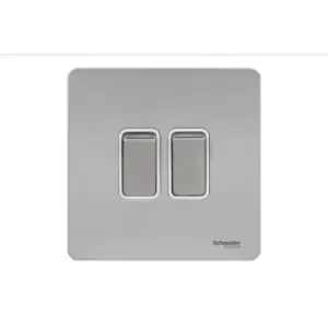 Schneider Electric Ultimate Screwless Flat Plate - Double 2 Way Rocker Light Switch Single Pole, 16AX, GU1422WSS, Stainless Steel with White Insert