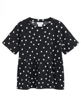 Mango Girls Polka Dot Frill Top - Black