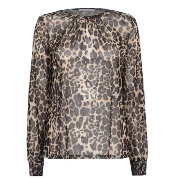 Linea Printed Mesh Top with Shirring Cuff Detail - Animal Print