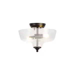 Dresden 2 Light Semi Flush Ceiling Lamp E27 With Flat Round 30cm Glass Shade Matt Black, Clear