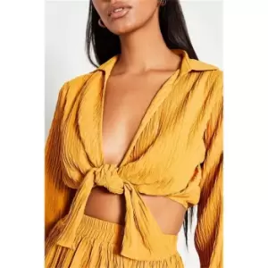 I Saw It First Mustard Long Sleeve Collared Tie Front Plisse Crop Top Co-Ord - Yellow