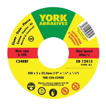 York - 300 X 3X 22MM C24 R-BF Reinforced Silicon Carbide Stone Cutting Disc, Flat