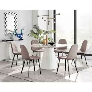 Furniture Box Palma White Marble Effect Round Dining Table and 6 Cappuccino Corona Black Leg Chairs