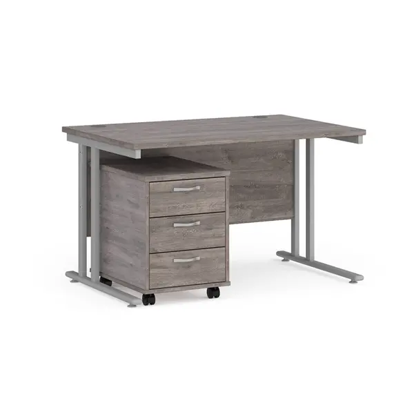 Maestro 25 Straight Desk Silver Frame Grey Oak Table Top and 3 Drawer Pedestal - 1200mm