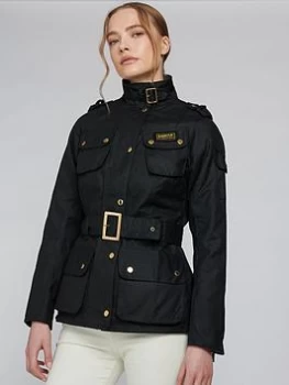 Barbour International Belted Wax Jacket - Black, Size 16, Women