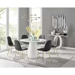 Furniturebox Palma White High Gloss 6 Seat Minimalist Post Modern Round Dining Table & 6 Black Corona Faux Leather Dining Chairs with Gold Legs