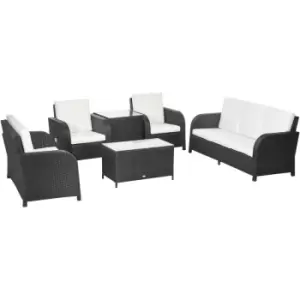 Outsunny 6 Piece Rattan Garden Furniture Set with Sofa, Glass Table, Black - Black