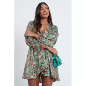 I Saw It First Green Satin Tropical Leaf Print Puff Sleeve Skater Dress - Green