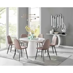 Furniture Box Palma White High Gloss Round Dining Table and 6 Cappuccino Corona Black Leg Chairs