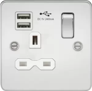 KnightsBridge Flat plate 13A 1G switched socket with dual USB charger (2.4A) - polished chrome with white insert