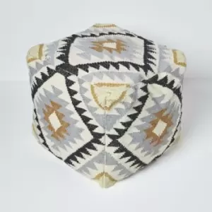 Homescapes - Agra Gold and Black Kilim Footstool Handwoven Beanbag Pouffe 43 x 43cm - Gold & Black