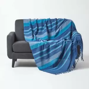 Cotton Morocco Striped Blue Throw, 225 x 255cm - Blue - Homescapes