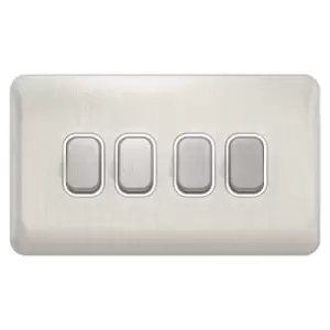 Schneider Electric Lisse Screwless Deco - 4 Gang 2 Way Light Switch, 10AX, GGBL1042WSS, Stainless Steel with White Insert