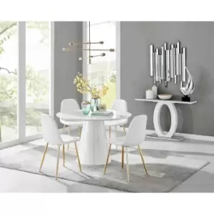 Furniture Box Palma White High Gloss Round Dining Table and 4 White Corona Gold Leg Chairs