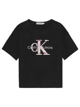 Calvin Klein Jeans Girls Polaroid Monogram Embroidered Short Sleeve T-Shirt - Black, Size Age: 10 Years, Women