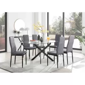 Furniture Box Leonardo Black Leg Glass Dining Table and 6 Grey Velvet Milan Black Leg Chairs