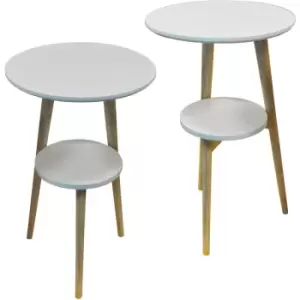 Orion - 2 pack - Retro Solid Wood Tripod Leg Round Table with Shelf - Natural / White - Natural / White