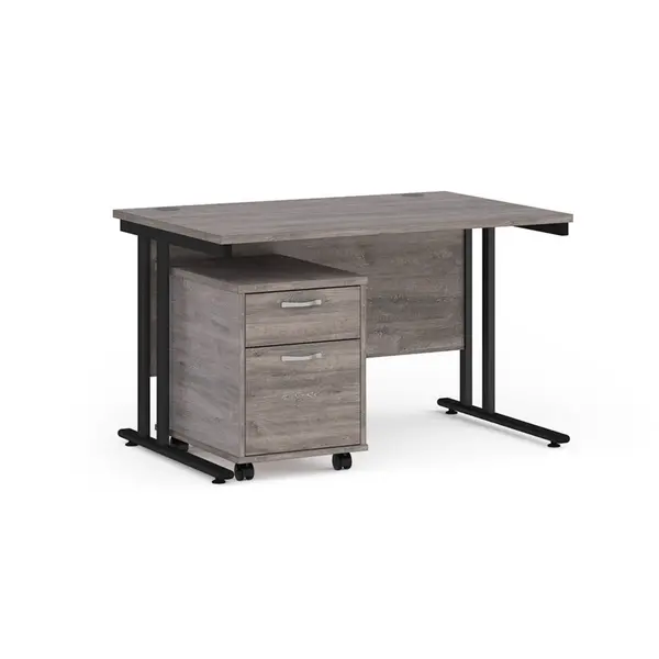 Maestro 25 Straight Desk with Black Cantilever Frame and 2 Drawer Pedestal - Grey Oak - 1200mm x 800mm