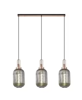 Linear 3 Light Pendant E27 With 20cm Tubular Ribbed Glass, Smoked Copper, Matt Black