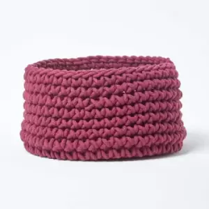 Homescapes - Plum Cotton Knitted Round Storage Basket, 37 x 21cm - Plum