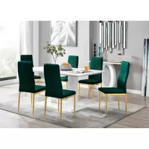 Furniture Box Imperia 6 White Dining Table and 6 Green Velvet Milan Gold Leg Chairs