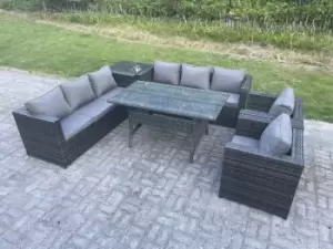 Fimous 8 Seater Outdoor Dark Grey Rattan Lounge Complete Sofa Set with Side Table and Regular Dining Table