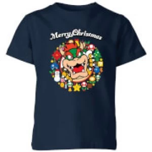 Nintendo Super Mario Bowser Merry Christmas Wreath Kid's T-Shirt - Navy - 5-6 Years - Navy