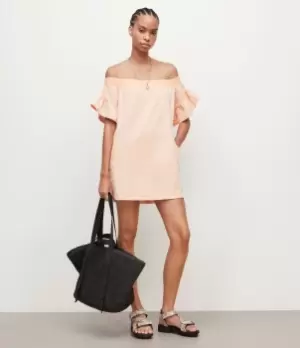 AllSaints Womens Adela Off-Shoulder Mini Dress, Apricot Pink, Size: 16