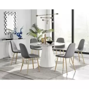 Furniturebox Palma White Marble Effect 120cm Round Minimalist Dining Table & 6 Grey Corona Faux Leather Dining Chairs with Gold Legs Diamond Stitch