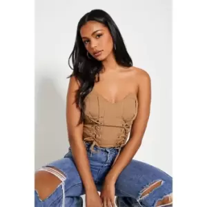 I Saw It First Woven Lace Up Bandeau Corset Top - Brown