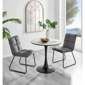 Furniture Box Elina White Marble Effect Round Dining Table and 2 Dark Grey Menen Chairs