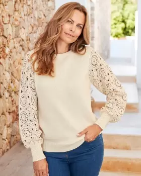 Cotton Traders Womens Callie Crochet Sleeve Jumper in Cream