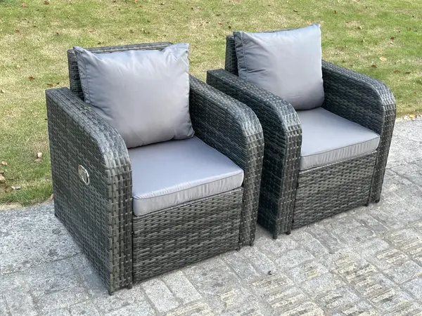 Fimous 2 PC Outdoor Dark Grey Rattan Curved Adjustable Reclining Arm Chair Set with Seat and Back Cushion