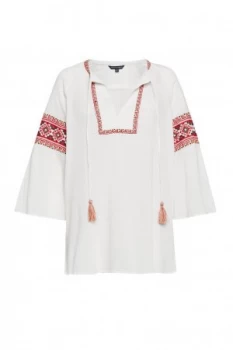 French Connection Adanna Crinkle Embroidered Smock Top White