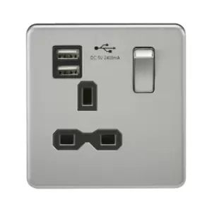 Screwless 13A 1G switched socket with dual USB charger (2.4A) - brushed chrome with Black insert - Knightsbridge