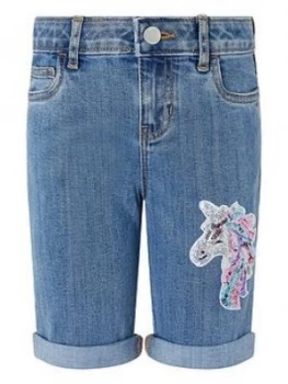 Monsoon Girls Elouise Unicorn Sequin Denim Short - Blue, Size Age: 6 Years, Women