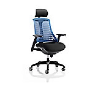 Task Operator Chair Flex Black Frame Blue Back With Fabric Seat In Black With Adjustable Arms And Headrest