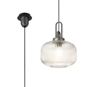 1 Light Pendant E27 30cm Pumpkin Shaped Ribbed Glass, Clear Black, Aged Pewter