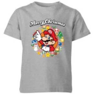 Nintendo Super Mario Mario Merry Christmas Wreath Kid's T-Shirt - Grey - 11-12 Years