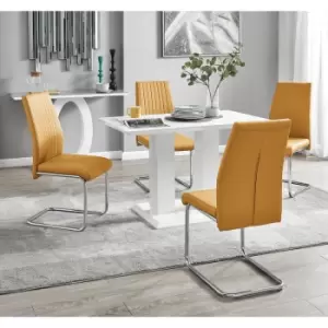 Furniturebox UK - Furniturebox Imperia 4 High Gloss White Modern Dining Table And 4 Mustard Lorenzo Faux Leather Faux Leather Dining Chairs