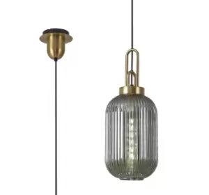 1 Light Pendant E27 With 20cm Tubular Ribbed Glass, Smoked Brass Gold, Matt Black