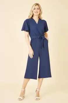 Navy Wrap Over Jumpsuit With Angel Sleeves