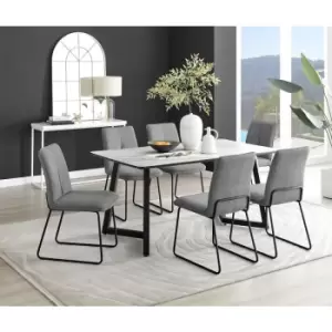 Furniturebox Carson White Marble Effect Rectangular 160cm Dining Table & 6 Dark Grey Halle Fabric Chairs