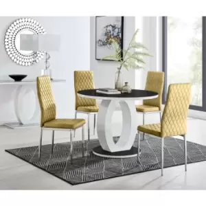 Furniturebox UK - Furniturebox Giovani Black 100cm Round Dining Table and 4 Mustard Velvet Milan Dining Chairs With Silver Legss