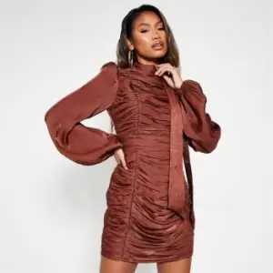 I Saw It First Shimmer Satin Ruched Detail High Neck Mini Dress - Brown